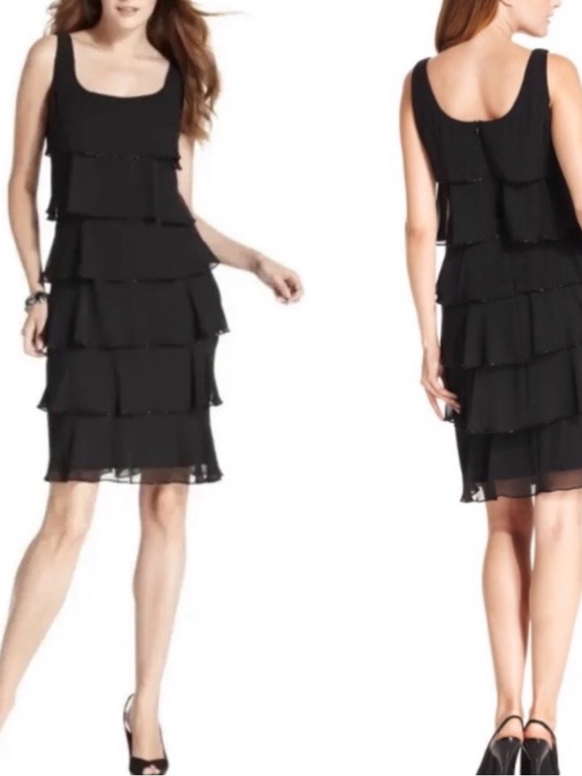 Women’s Black Chiffon Tiered Flapper-Style Dress With Beaded Edging